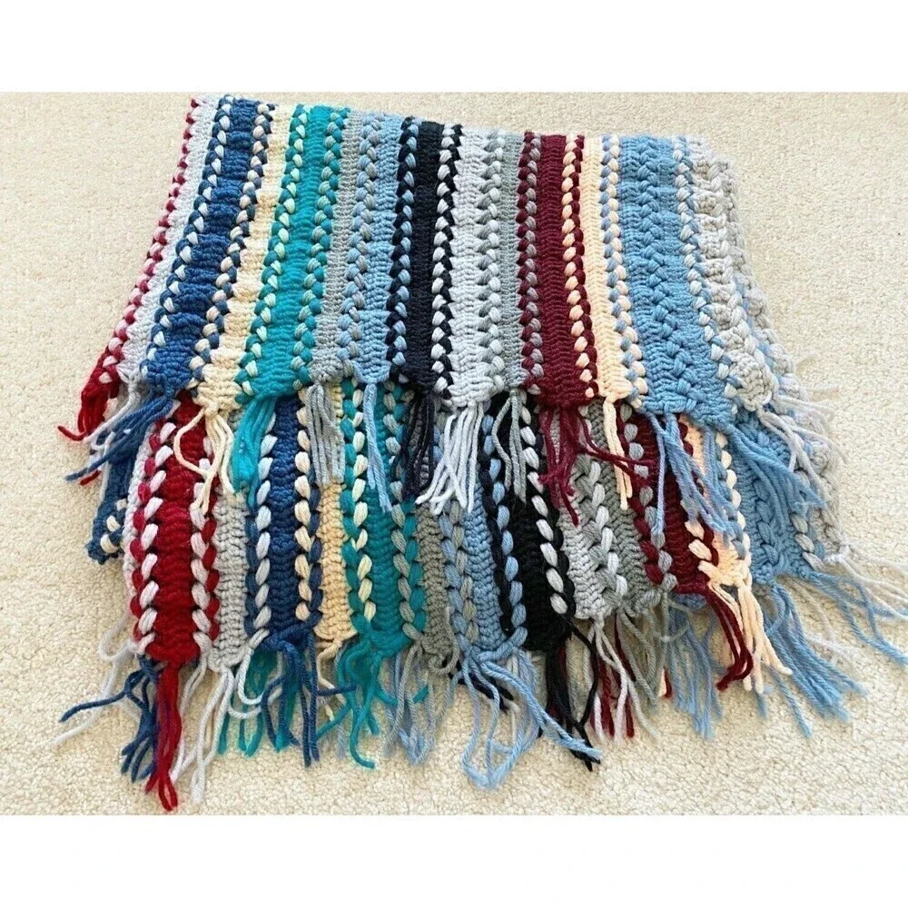 Handmade Blue Burgundy Striped Crochet Afghan Throw Fringe Roseanne Mission Sofa
